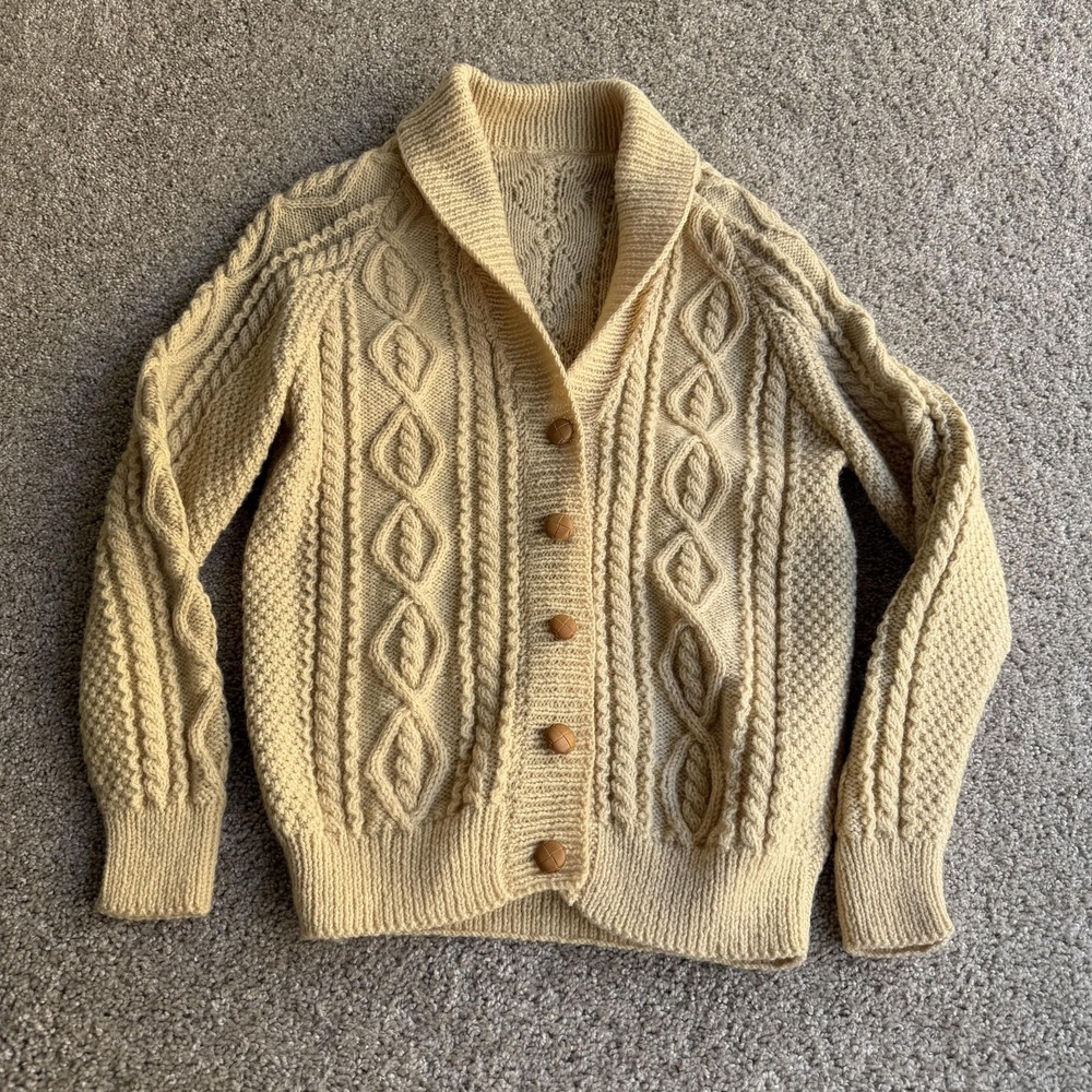 Vintage Cable Knit Sweater Womens Medium Beige Shawl Collar Heavy Cardigan